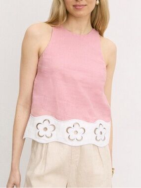 STAUD Mika Pink & White Floral Lace-Trimmed Linen Sleeveless Top